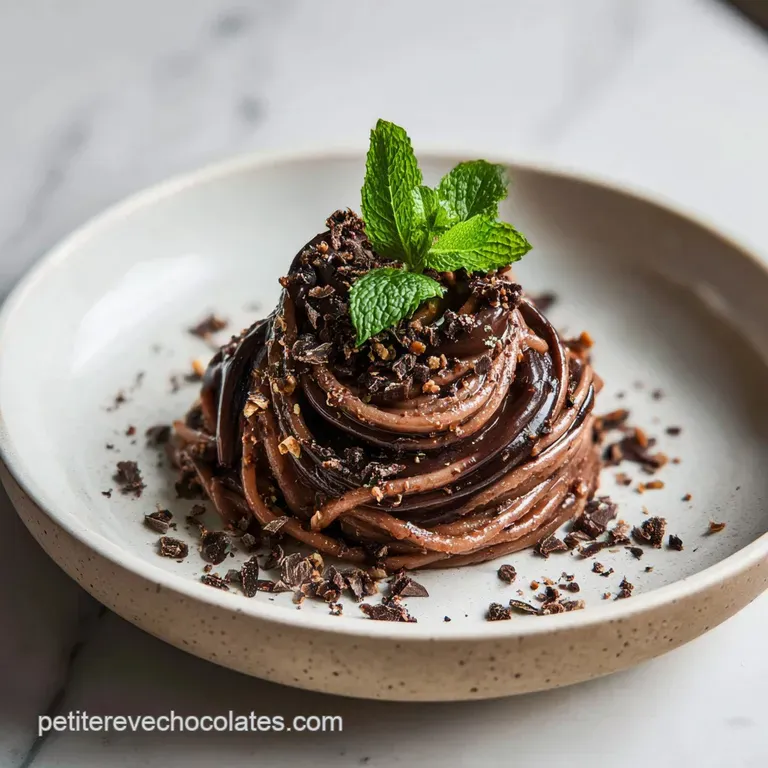 Elegant plate featuring a tower of dark chocolate 'angel hair', lightly dusted and drizzled, hinting at a rich, sweet expe...