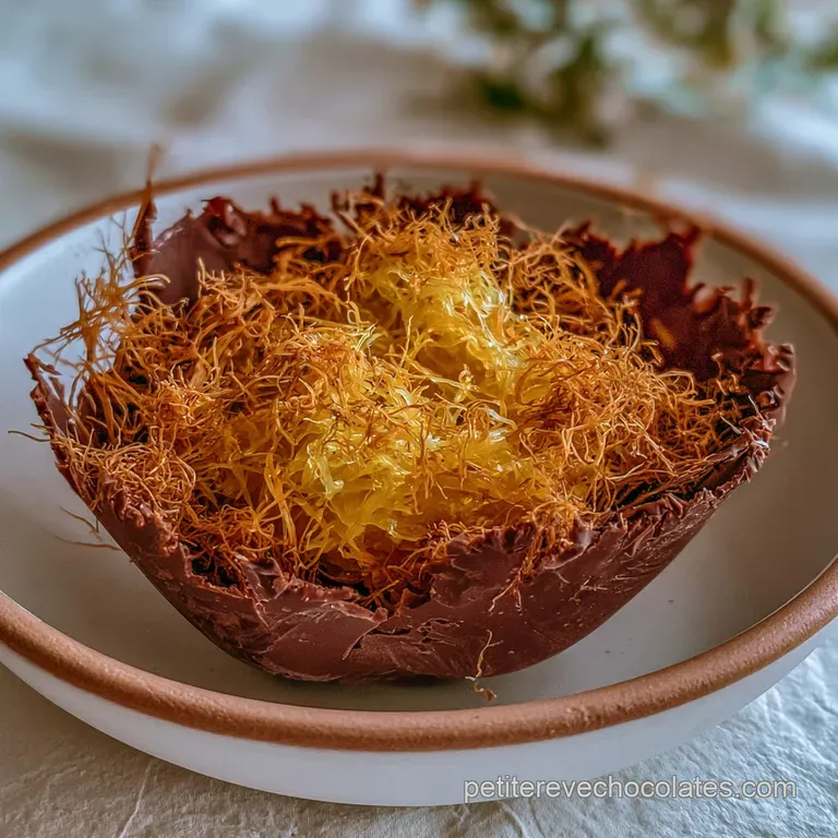 Morceaux de chocolat fondant dispos&eacute;s sur une assiette blanche, contrastant avec un centre vert vif et onctueux.