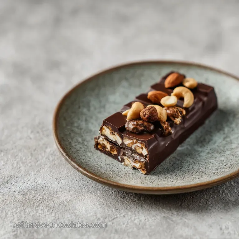 Elegantly sliced chocolate bar on a white plate, revealing layers of nuts and creamy filling. Glistening gold accents add ...