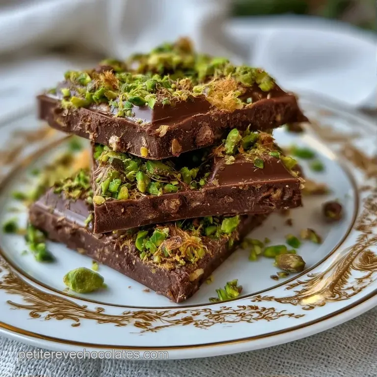 Morceaux de chocolat brillant dispos&eacute;s avec art sur une assiette blanche, entour&eacute;s de brisures de pistaches vertes.