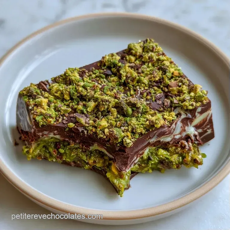 Tablette de chocolat brillante pos&eacute;e sur une assiette blanche, entour&eacute;e d'&eacute;clats de pistaches concass&eacute;es.