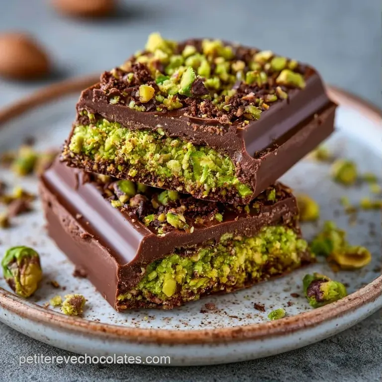 Morceaux de chocolat brillant dispos&eacute;s avec soin sur une assiette blanche, c&oelig;ur vert vif et texture fibreuse croquante.