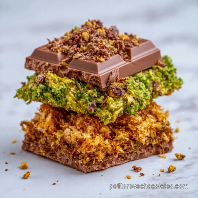 Morceaux de chocolat brun brillant dispos&eacute;s sur une assiette, laissant voir un fourrage onctueux vert pistache intense.