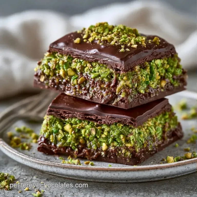 Carr&eacute;s de chocolat sombre pos&eacute;s sur une assiette blanche, entour&eacute;s de quelques pistaches enti&egrave;res et brillantes.