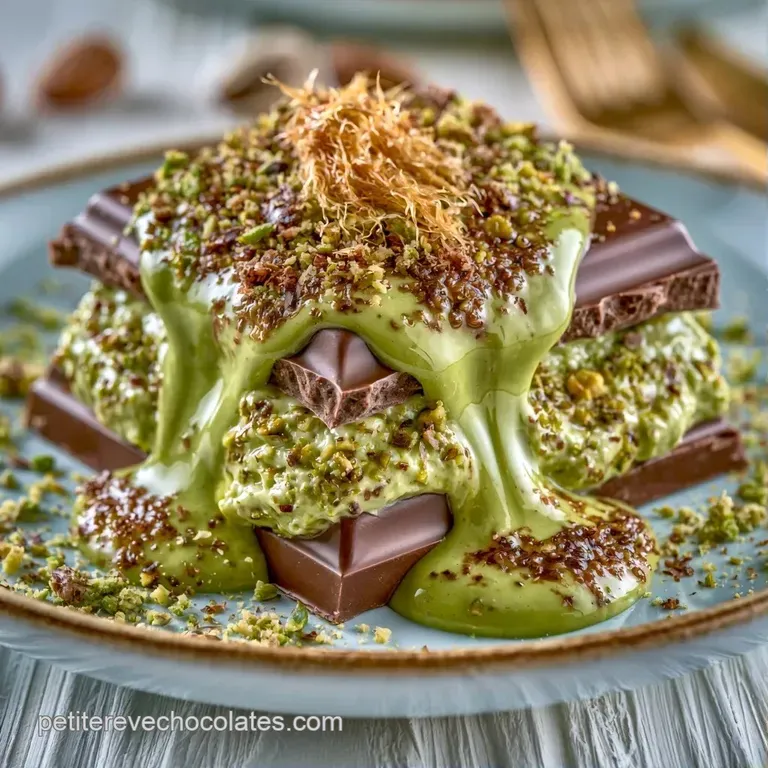 Morceau de chocolat craquant pos&eacute; sur une assiette blanche, entour&eacute; de brisures de pistaches d'un vert &eacute;clatant.