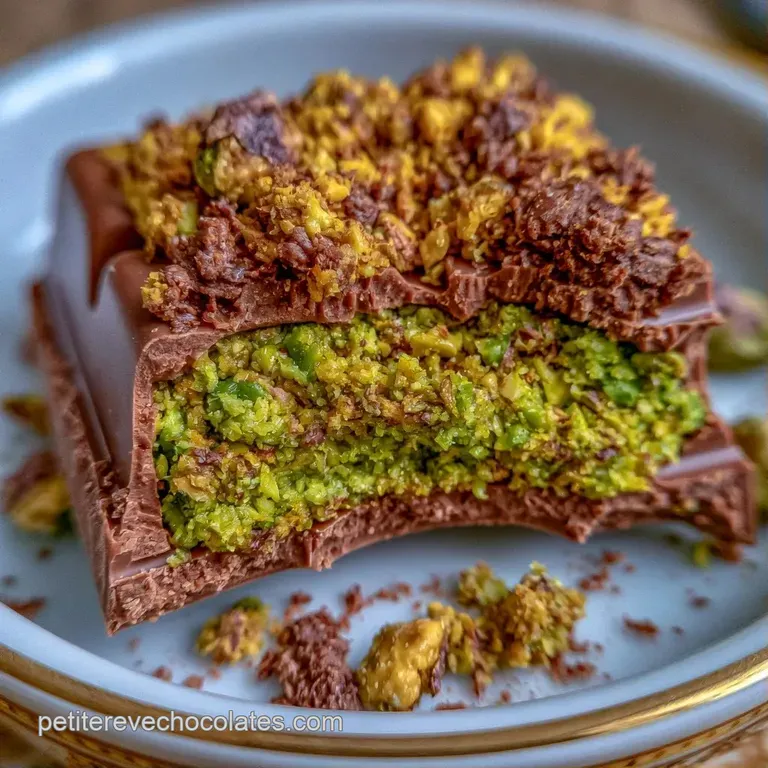 Carr&eacute;s de chocolat lisse pos&eacute;s avec soin, laissant appara&icirc;tre un insert vert pistache &eacute;clatant et textur&eacute;.