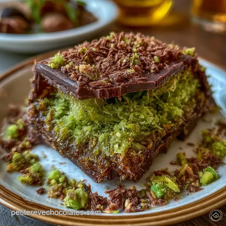 Morceaux de chocolat brun dispos&eacute;s avec soin, laissant voir une cr&egrave;me onctueuse vert pistache et des &eacute;clats croquants.