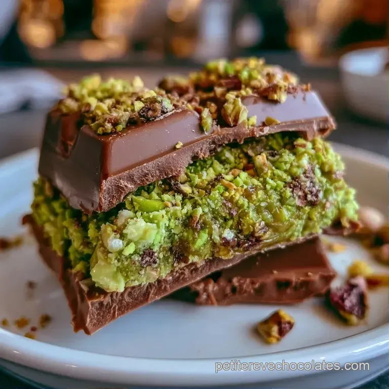 Morceaux de chocolat dispos&eacute;s avec art, laissant s'&eacute;chapper une cr&egrave;me verte textur&eacute;e et croquante sur porcelaine.