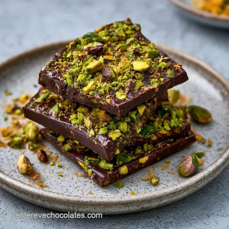 Morceaux de chocolat sombre et brillant dispos&eacute;s avec soin, laissant para&icirc;tre une garniture vert pistache onctueuse.