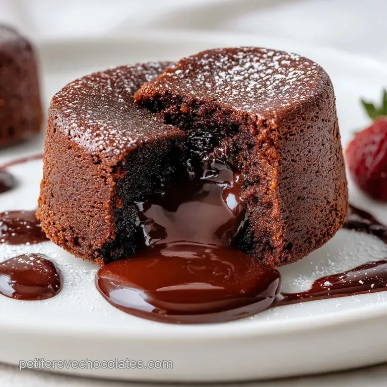 Elegant dessert plate showcasing a rich chocolate fondant oozing its warm, liquid center, topped with a sprig of mint.