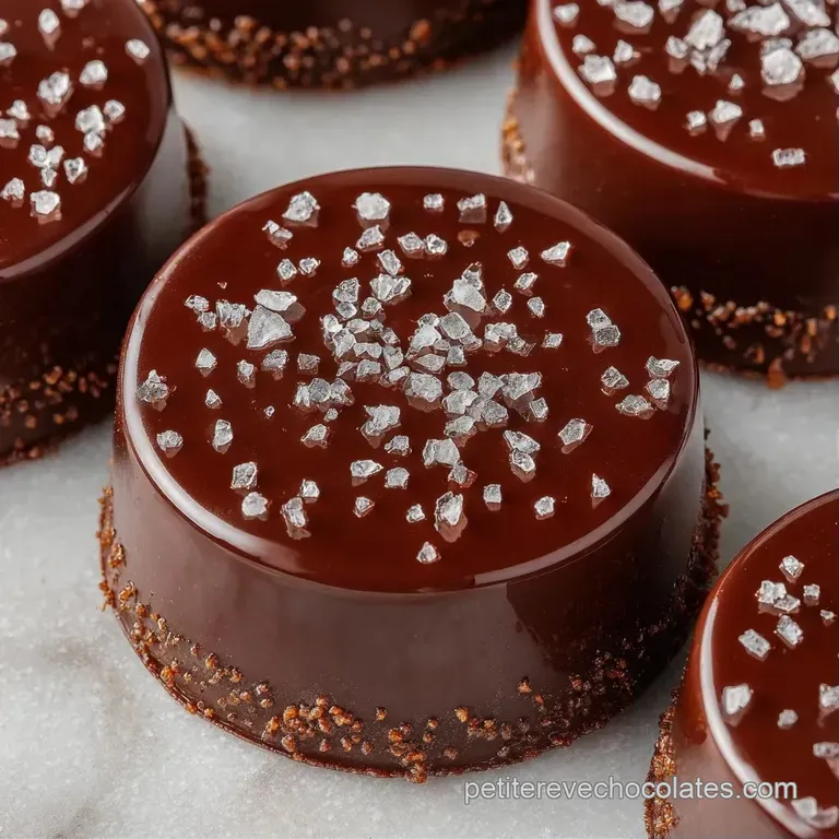 Trois chocolats sombres sur porcelaine blanche, saupoudr&eacute;s de cacao fin avec une d&eacute;licate touche d'or.