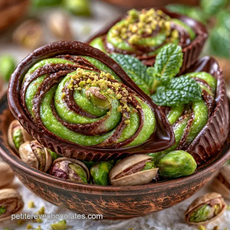 Chocolats fins dispos&eacute;s avec soin sur un plateau blanc, contrastant le brun profond et le vert tendre du centre.
