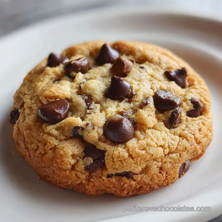 A single, rich chocolate cookie on a white plate, the slightly melty center hinting at a warm, gooey delight.