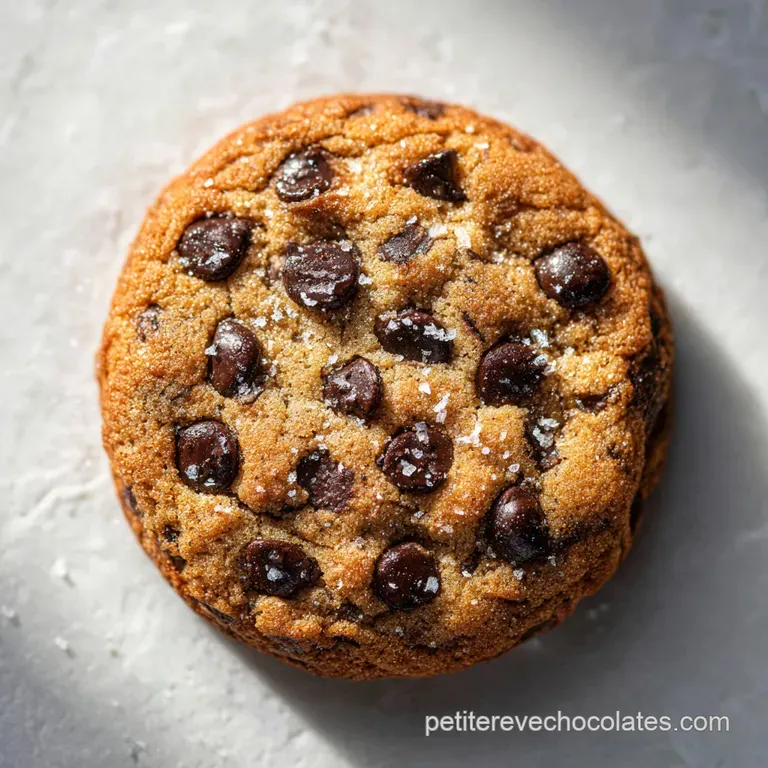 Stack of three warm, dark chocolate cookies presented on a plate, chocolate oozing, hinting at a soft, chewy center, a tem...