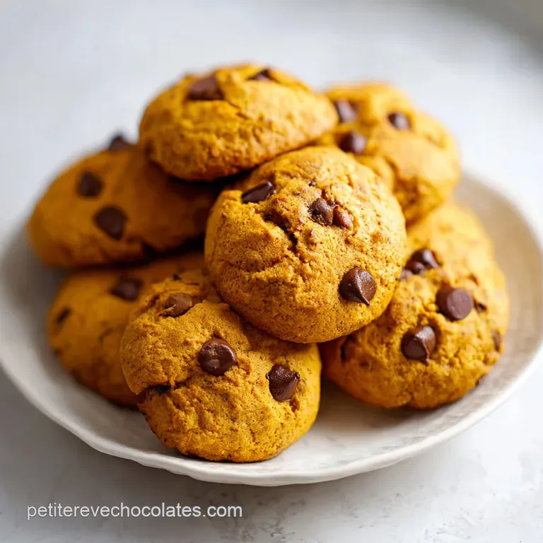 Stacked soft pumpkin cookies drizzled with melted chocolate, creating a sweet, inviting pile.