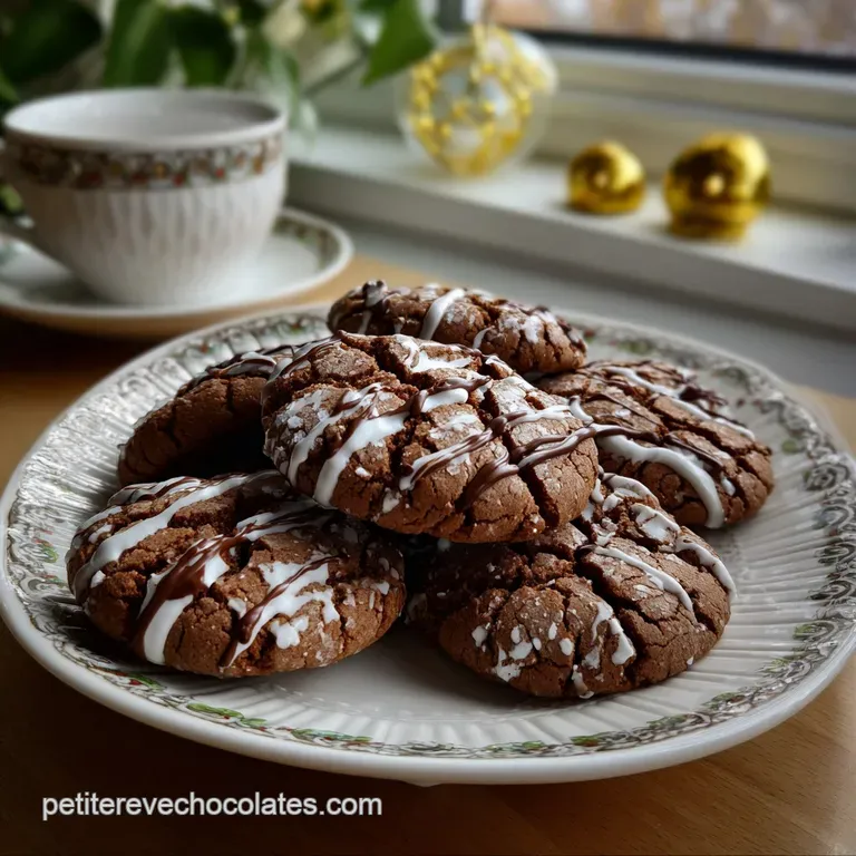A stack of glossy, dark chocolate craquel&eacute; cookies presented on a rustic wooden board, showcasing their cracked tops and s...