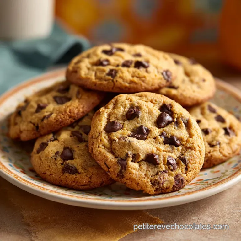 Stacked cookies on a rustic wooden board, chocolate chunks glistening under warm light. A tempting tower of freshly baked ...