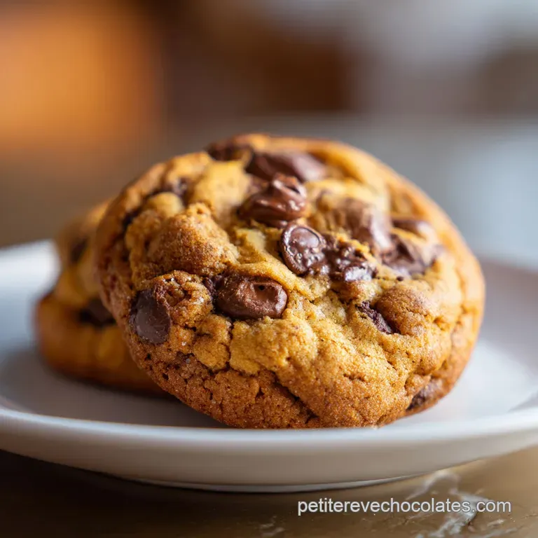 Stack of warm, rustic chocolate chip cookies on a white plate, a few with oozing chocolate, a sprinkle of salt.