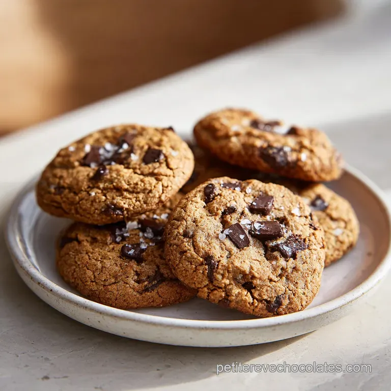 Stack of three chewy chocolate chip cookies served on a white plate with a sprinkle of powdered sugar, evoking warmth and ...