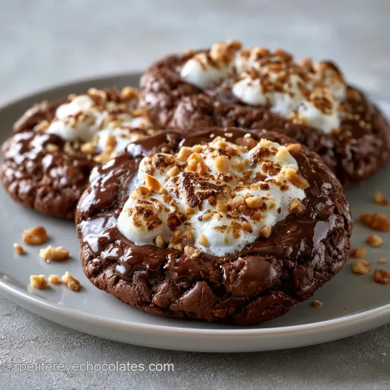 Pile de biscuits au chocolat dense sur une assiette blanche, r&eacute;v&eacute;lant des &eacute;clats de noix et un c&oelig;ur fondant brillant.