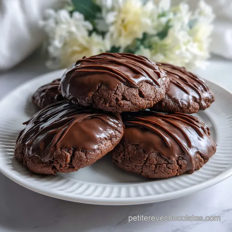 A stack of three soft chocolate cookies is plated with a dusting of cocoa, showing off their chewy textures and gooey choc...