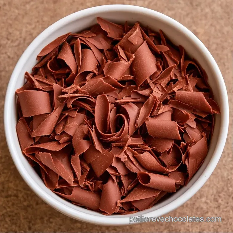 Volutes de chocolat noir brillantes dispos&eacute;es avec soin sur une assiette en porcelaine blanche, style &eacute;pur&eacute;.