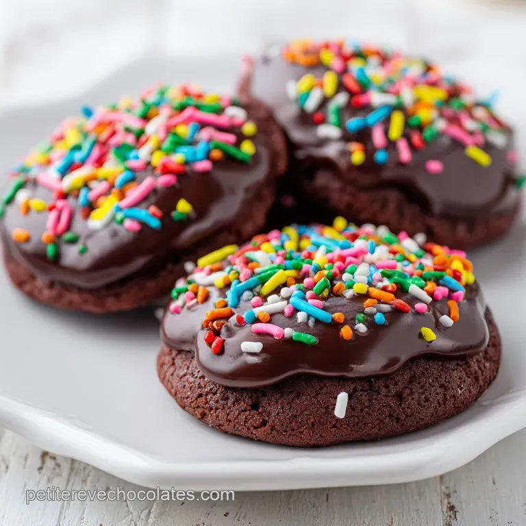 Pile de biscuits chocolat&eacute;s moelleux sur une assiette, contrastant avec des &eacute;clats de sucre color&eacute;s et brillants.