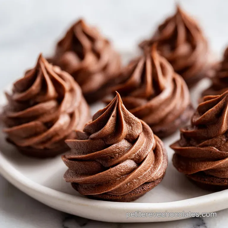 Une quenelle de cr&egrave;me brune brillante pos&eacute;e sur une assiette, d&eacute;cor&eacute;e de copeaux de chocolat fins et d'une feuille de menthe.