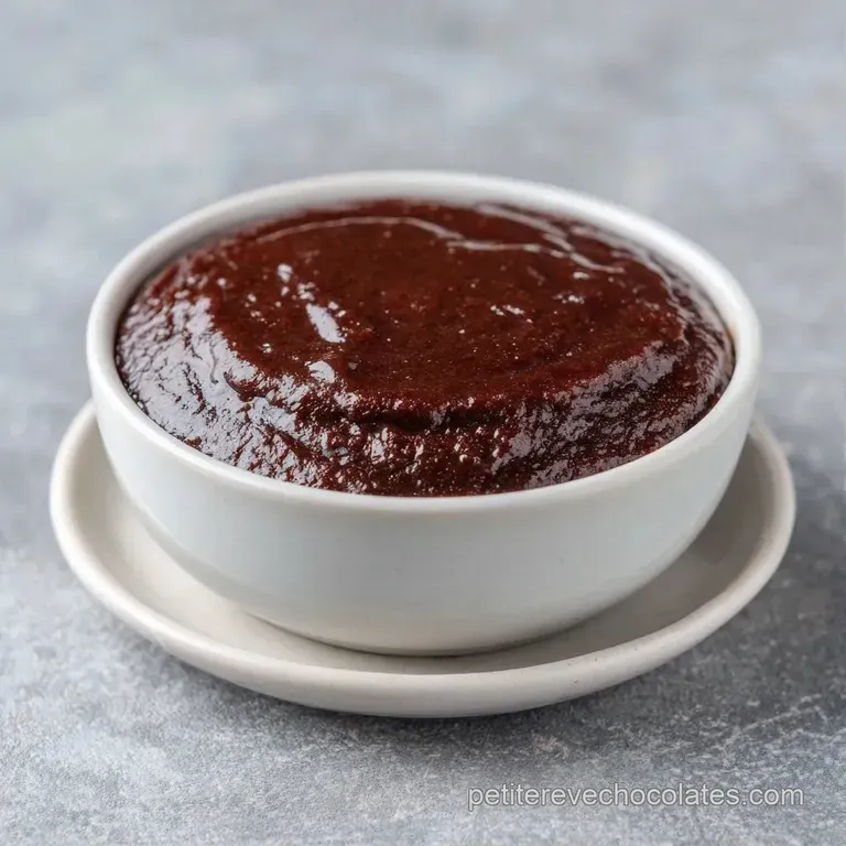Verre transparent r&eacute;v&eacute;lant une cr&egrave;me chocolat onctueuse et dense, pos&eacute; sur un fond blanc avec une cuill&egrave;re argent&eacute;e.