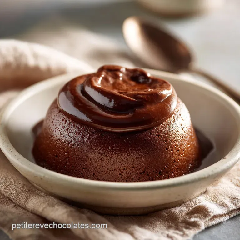 A delicate swirl of rich chocolate custard artfully arranged in a white ramekin, adorned with a single dark chocolate curl.