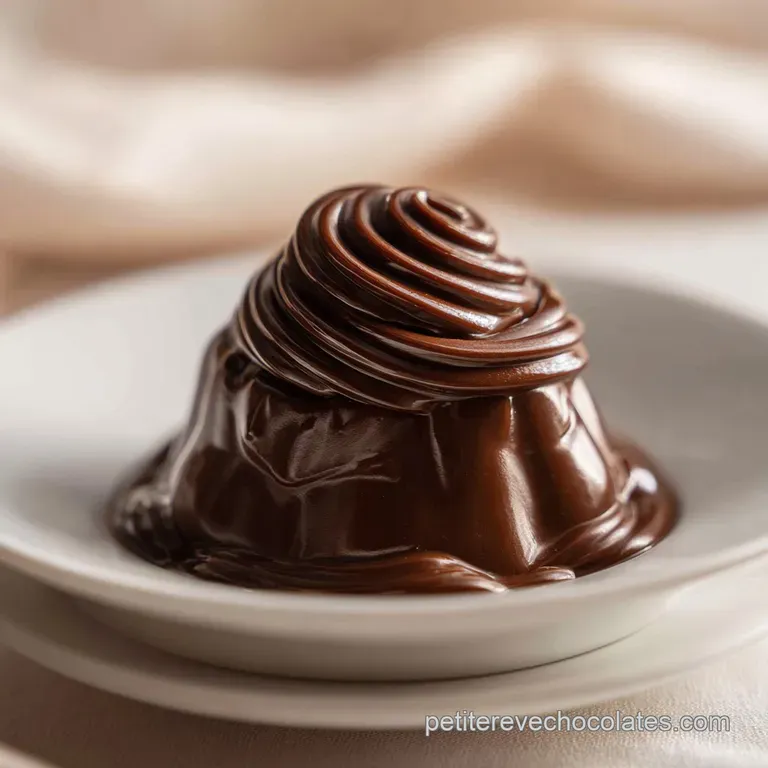 Elegant spoonful of glossy, dark cremeux au chocolat noir in a glass dish. Garnished with a dusting of cocoa powder and ed...