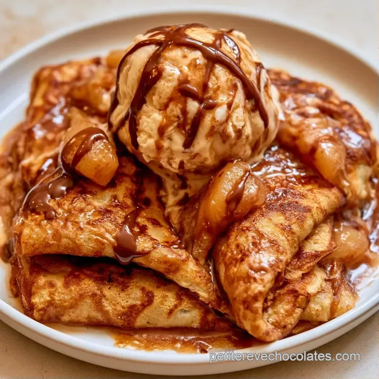 Cr&ecirc;pes pli&eacute;es avec pr&eacute;cision, accompagn&eacute;es de poires poch&eacute;es et d'un filet de chocolat noir lisse sur assiette blanche.