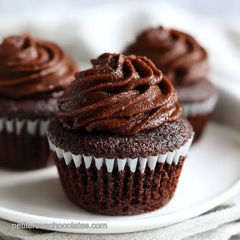 A trio of rich chocolate cupcakes artfully arranged on a white plate with a dusting of cocoa.