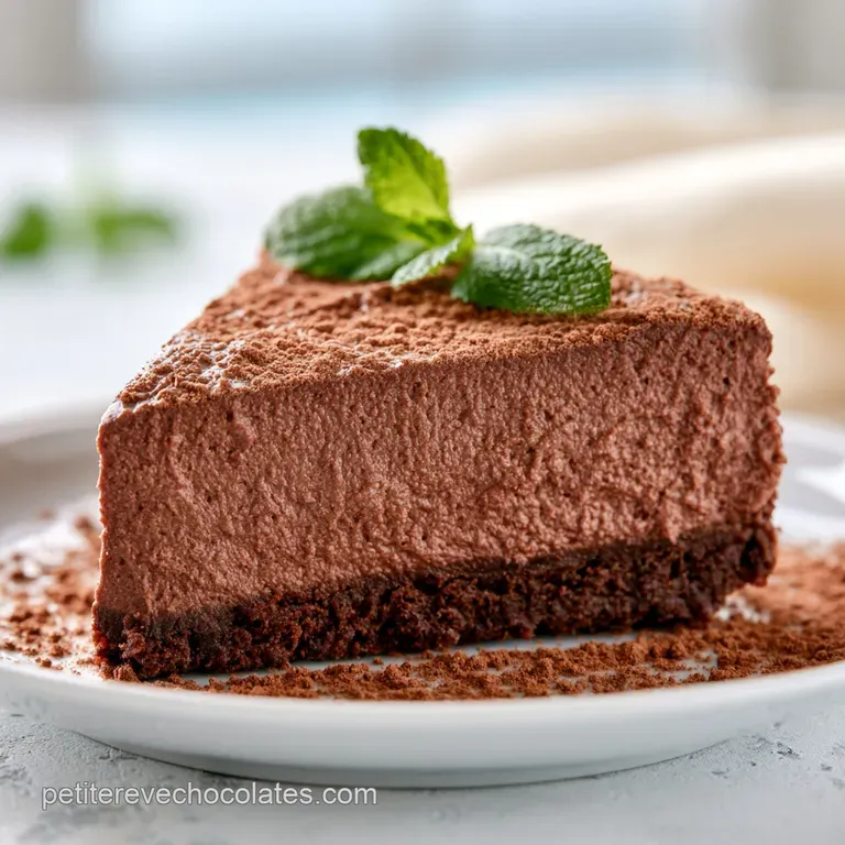 Part de mousse onctueuse et sombre sur porcelaine blanche, entour&eacute;e de gouttes de coulis rouge et d'&eacute;clats croquants.