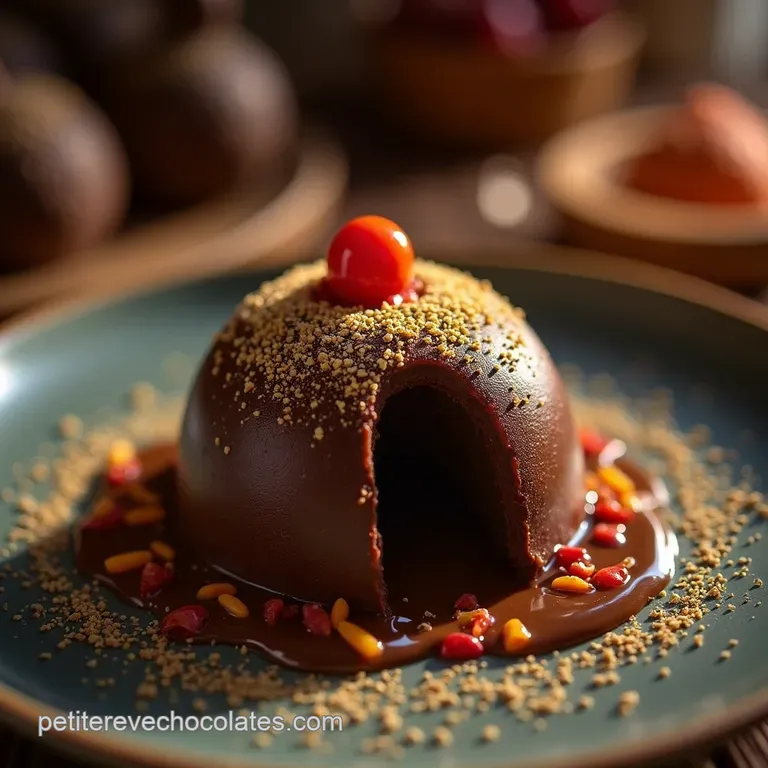 Le Mirage de Dubaï Dôme Croustillant au Sésame Noir Cœur Crémeux CardamomeSafran presentation