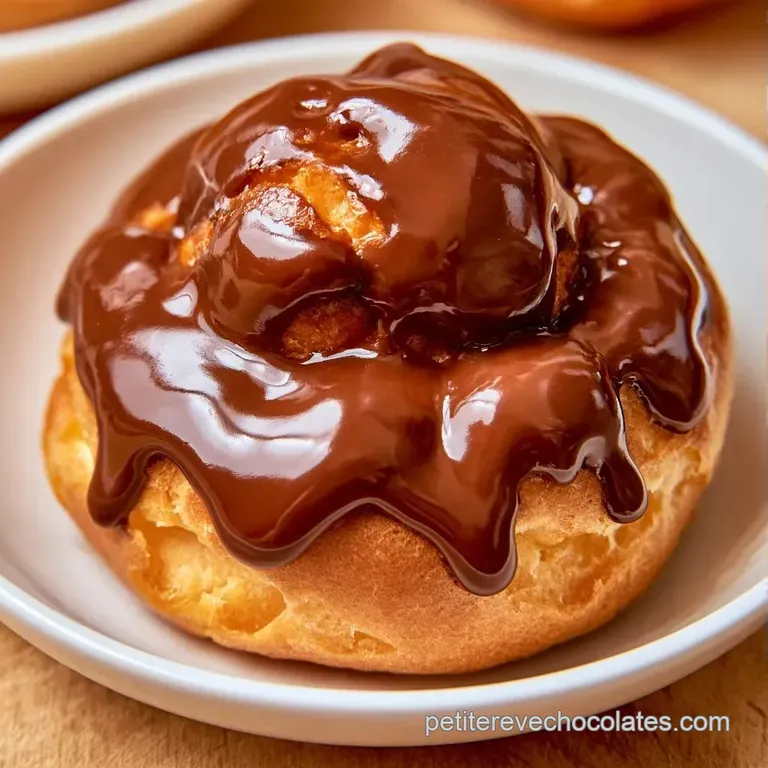 P&acirc;tisserie au chocolat brillante sur assiette blanche, d&eacute;cor&eacute;e d'un trait de coulis sombre et d'une feuille verte.