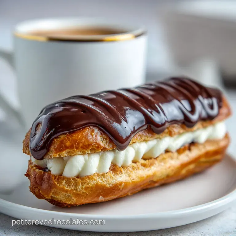 Elegant chocolate eclairs with glistening ganache, artfully arranged on a plate. A rich, decadent, and visually appealing ...