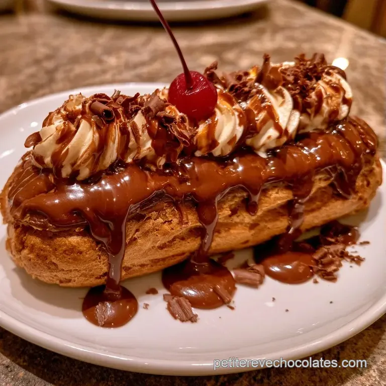 P&acirc;tisserie allong&eacute;e au chocolat pos&eacute;e sur une assiette blanche &eacute;pur&eacute;e, avec un l&eacute;ger voile de poudre de cacao fin.