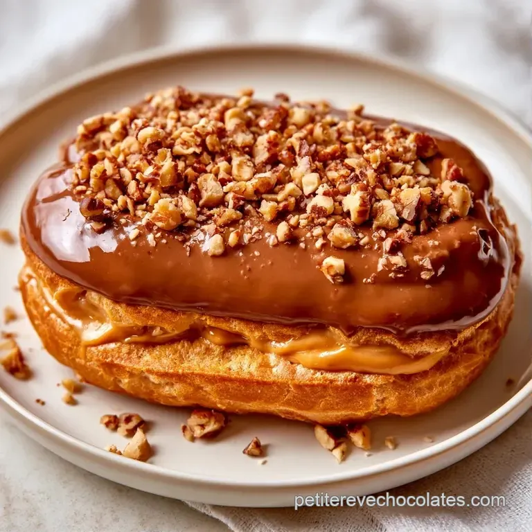 &Eacute;clair napp&eacute; de chocolat pos&eacute; sur une assiette blanche &eacute;pur&eacute;e, entour&eacute; de noisettes grill&eacute;es et de p&eacute;pites brunes.