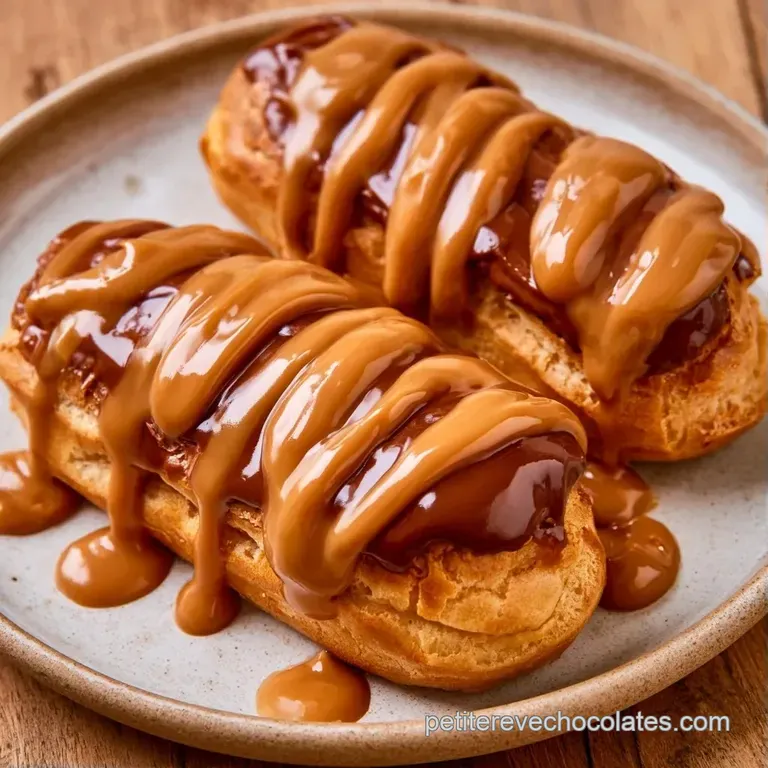 Un &eacute;clair napp&eacute; de chocolat lisse pos&eacute; sur une assiette fine, avec une pointe de cr&egrave;me vanille onctueuse et blanche.
