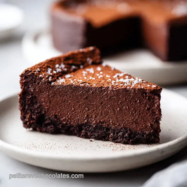 Elegant chocolate cake plated with a scoop of vanilla ice cream, fresh raspberries, and a delicate dusting of powdered sugar.