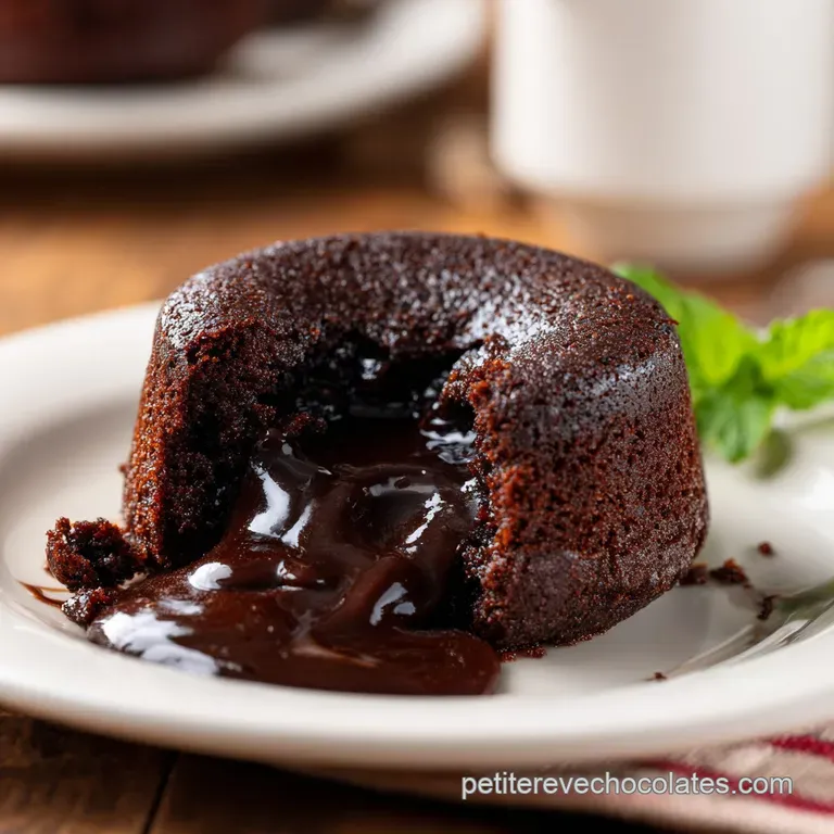 Fondant au chocolat sombre sur assiette blanche, c&oelig;ur coulant brillant accompagn&eacute; d'une framboise rouge &eacute;clatante.