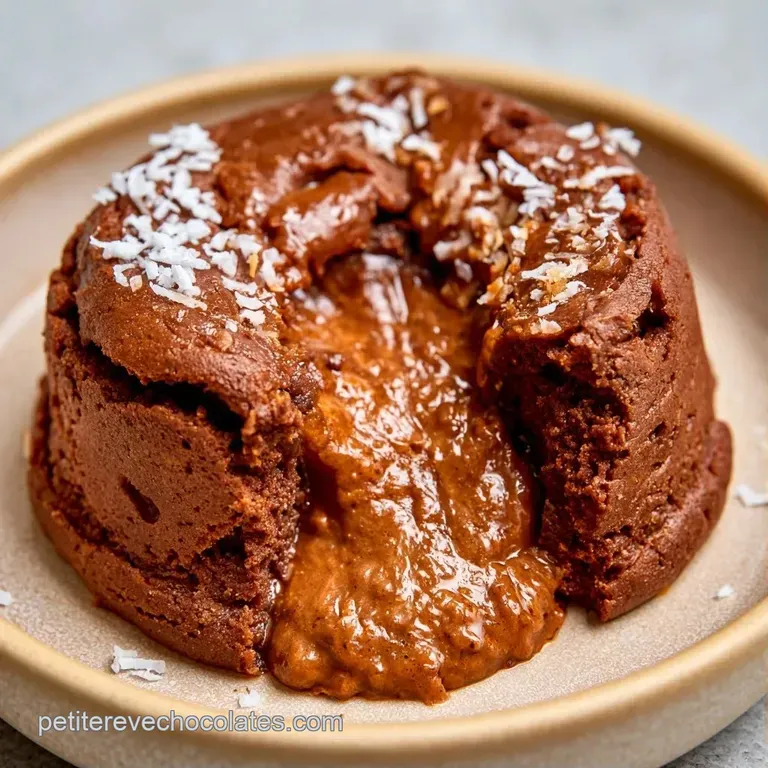 Une part de g&acirc;teau sombre et moelleux sur assiette blanche, agr&eacute;ment&eacute;e d'un coulis brillant et de coco r&acirc;p&eacute;e.