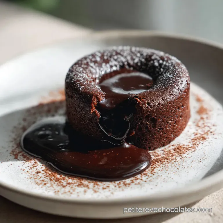 Single molten chocolate cake on a white plate, topped with berries and powdered sugar. Melty chocolate oozing out.
