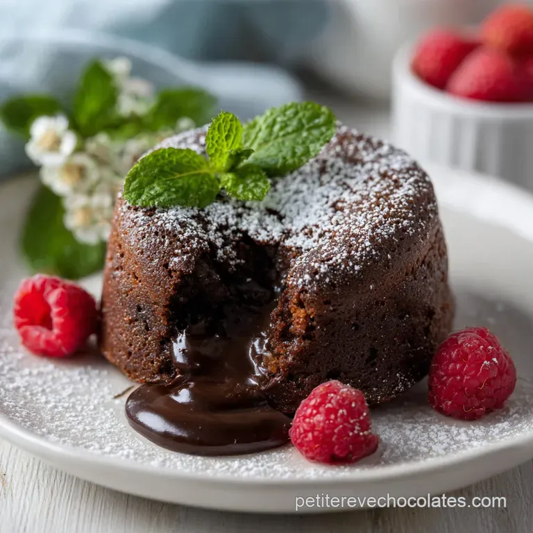 A single rich chocolate fondant, dusted with powdered sugar, beside fresh raspberries.