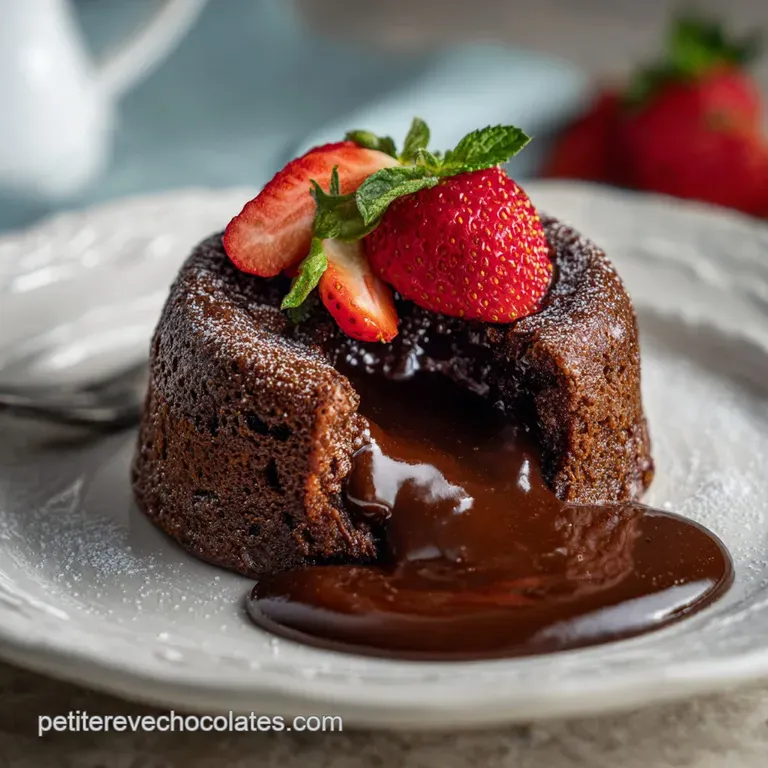 A glossy, molten chocolate cake on a white plate, dusted with cocoa powder. Hints of steam emphasize its warm, comforting ...