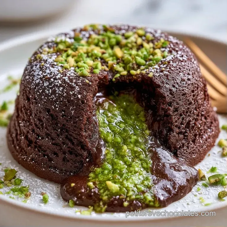 Un dessert chocolat&eacute; pos&eacute; sur une assiette blanche, entour&eacute; d'un coulis brillant et de pistaches concass&eacute;es croquantes.