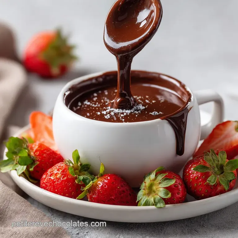 A beautiful arrangement of fresh fruits and marshmallows surrounding a ceramic bowl of warm, glossy chocolate.