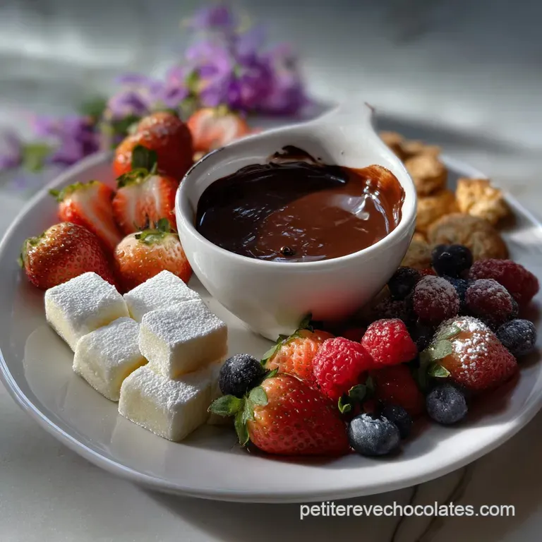 Elegant white bowl filled with a swirling dark chocolate fondue, garnished with a single, perfect strawberry half, ready t...