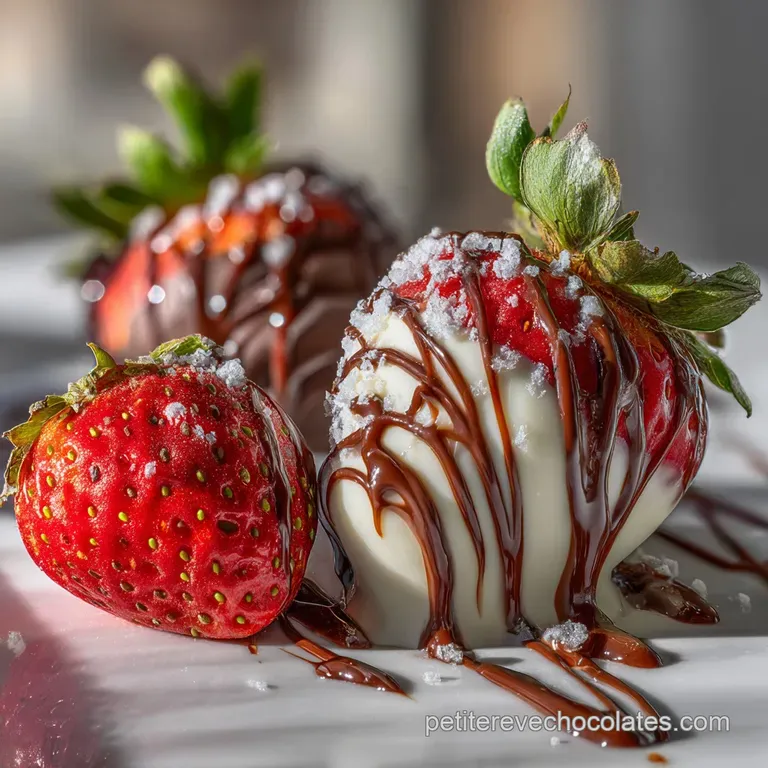 Elegant dessert plating: dark chocolate shards, ruby red strawberry halves, and a dusting of cocoa create a tempting, artf...